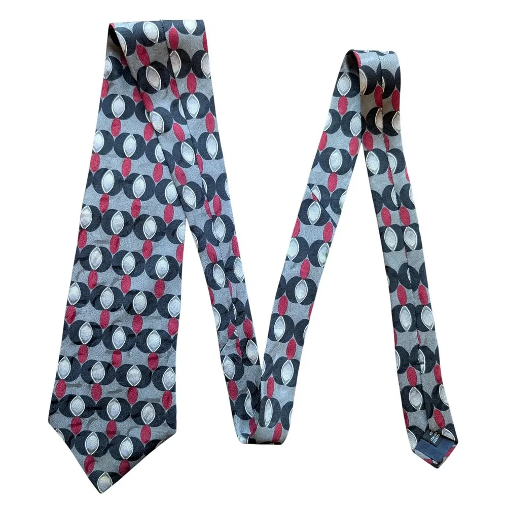 JT Beckett Geometric Silk Tie Grey Black‎ Red Italian Silk Necktie L57.5